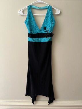 Vintage y2k halter top backless dress blue and black midi opera brand size XS